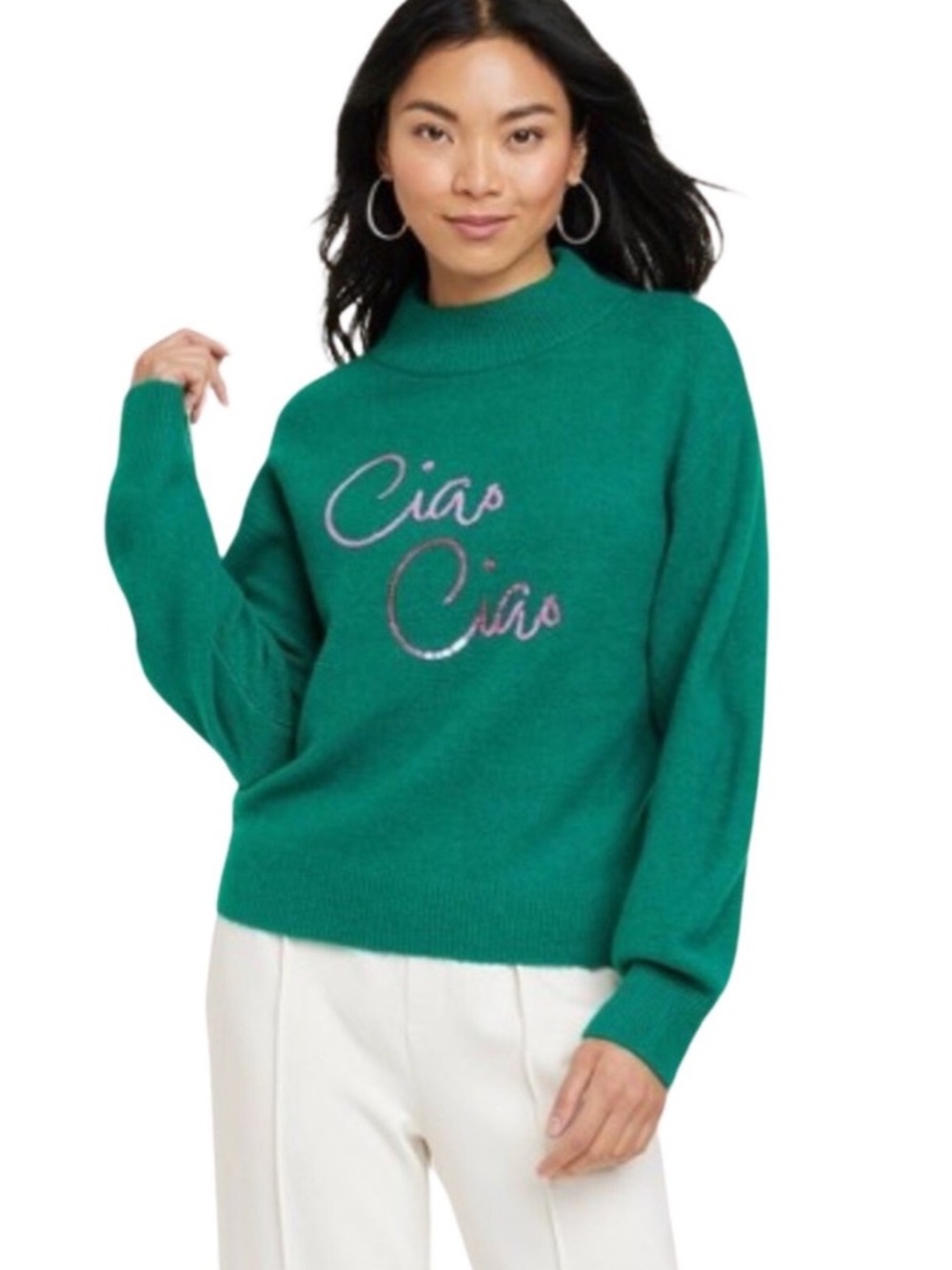A New Day brand, Teal Turtleneck Sweater with Pink "Ciao Ciao"  in sequin script